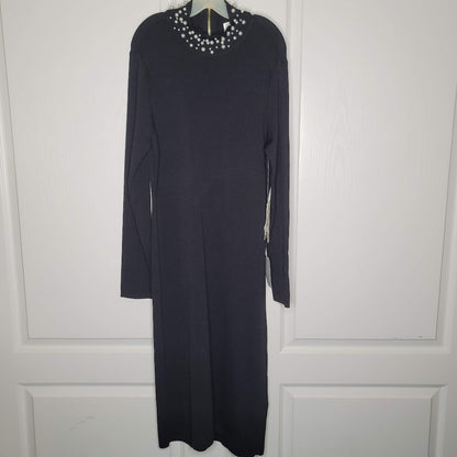 Eliza J Black Sweater Knit dress Pearl Collar Neckline Long Sleeve Midi Size XL