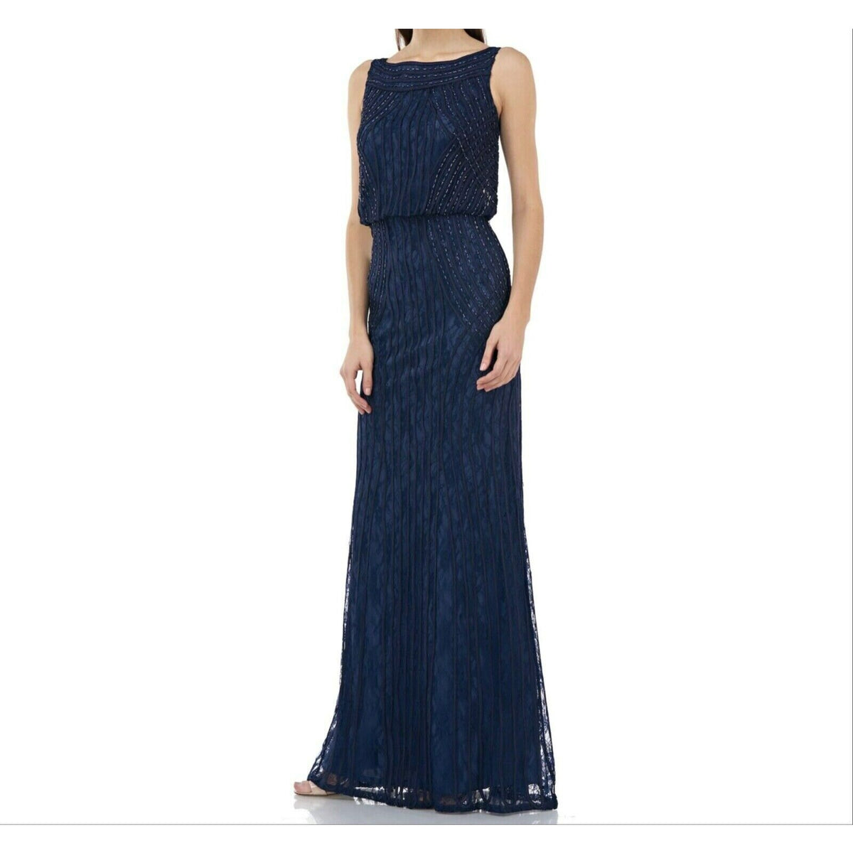 JS Collections Boat Neck Embellished Blouson Gown Size 6 Navy NWOT