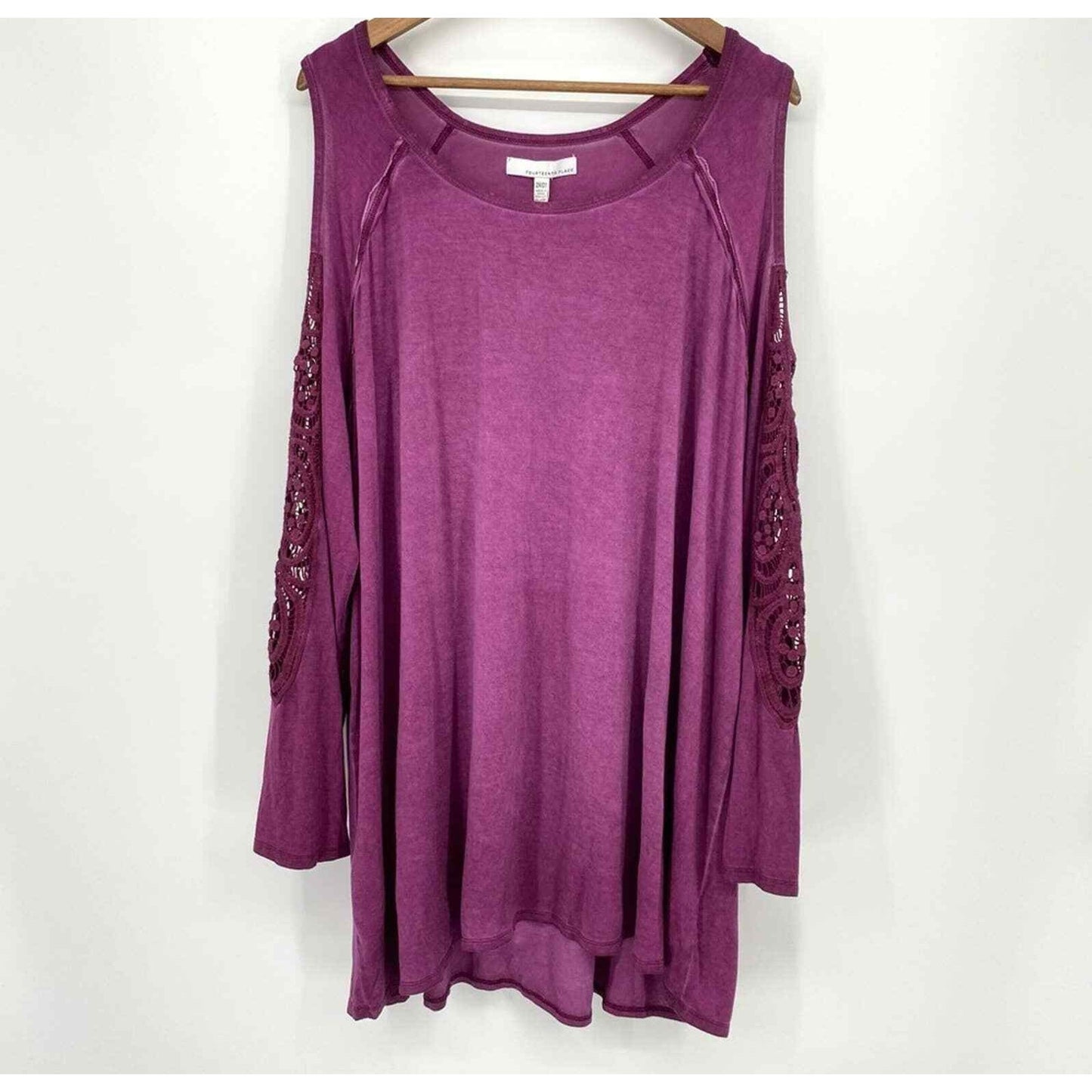 FOURTEENTH PLACE Cold Shoulder Crochet Long Sleeve Tunic Sz 1X Purple Oxford NWT