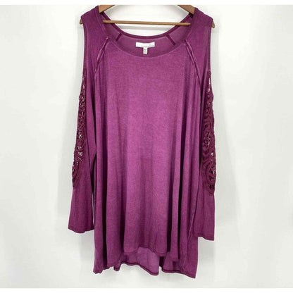 FOURTEENTH PLACE Cold Shoulder Crochet Long Sleeve Tunic Sz 1X Purple Oxford NWT
