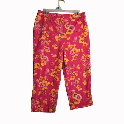 Emma James Stretch Capris Pant Pleated Front Bright Pink Floral Cotton Size 12