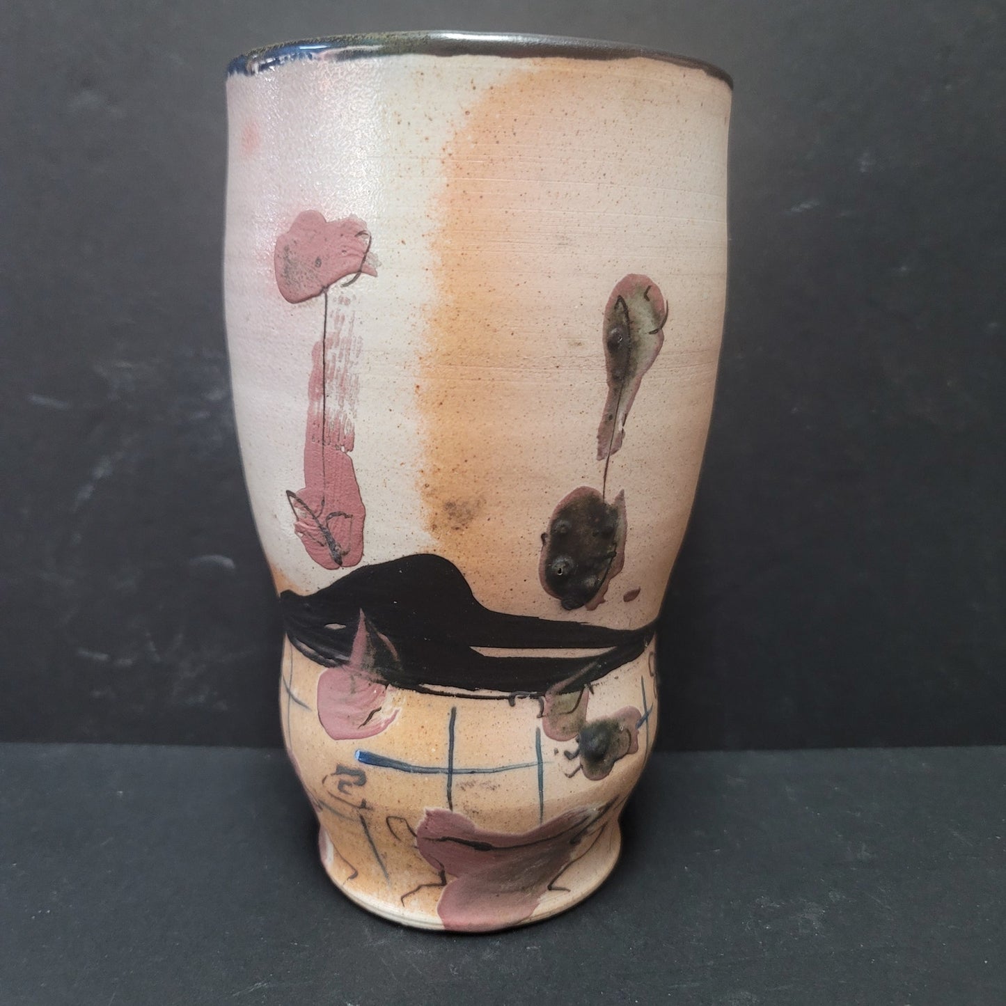 Handmade Studio Pottery Vase 8" textured Abstact Painting Muted Tones Glazed