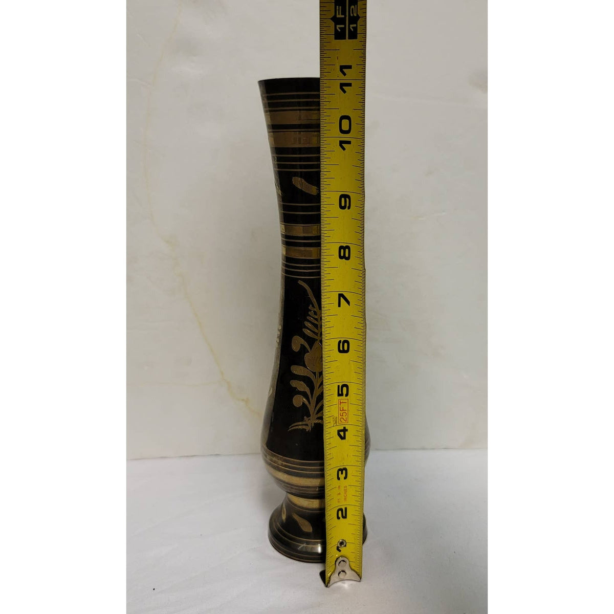 Vintage Indian Brass Metal Fluted Footed Vase Black Patina Etched Floral Pattern