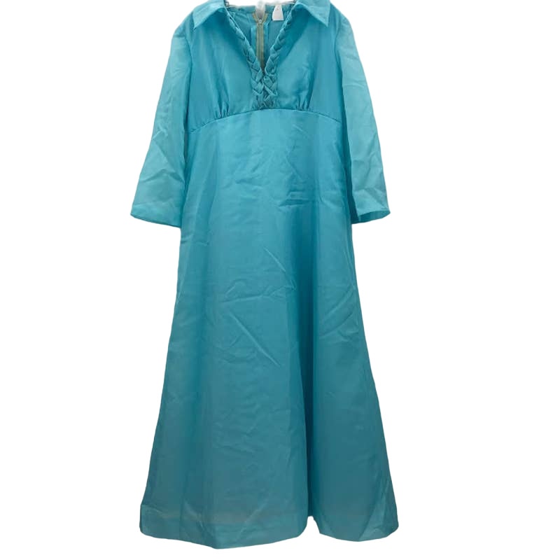 Vintage Baby blue Maxi Taffeta wide lapel 1960 MOD braided collar back zip SMALL