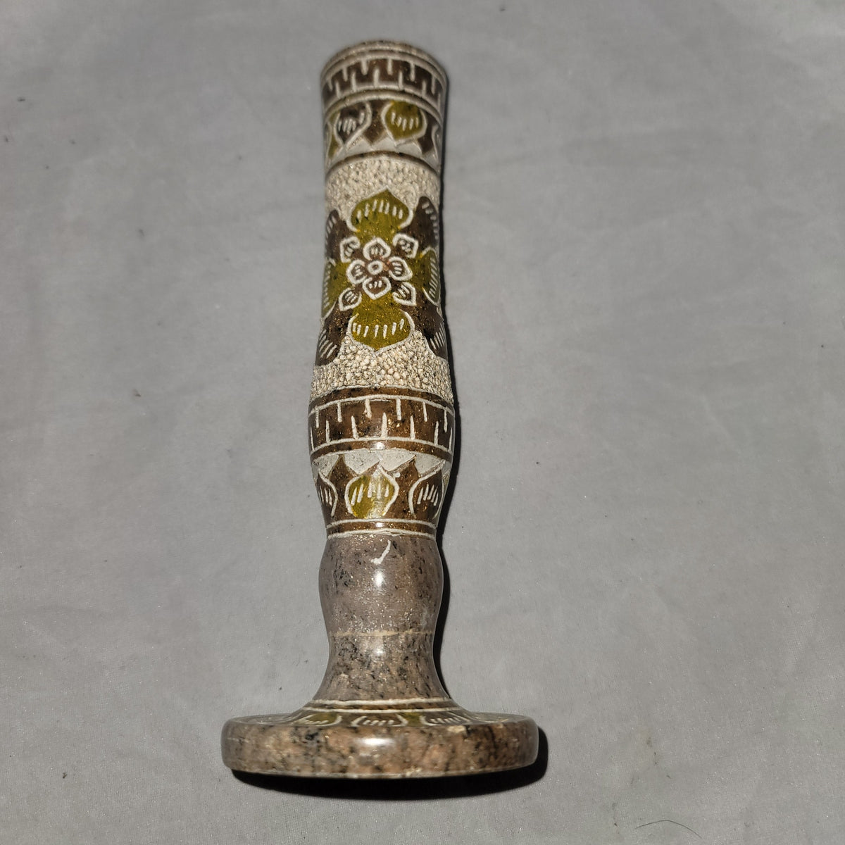 Vintage Candlestick Holder Marble Mexican Etched Floral geometric Neutral 7"