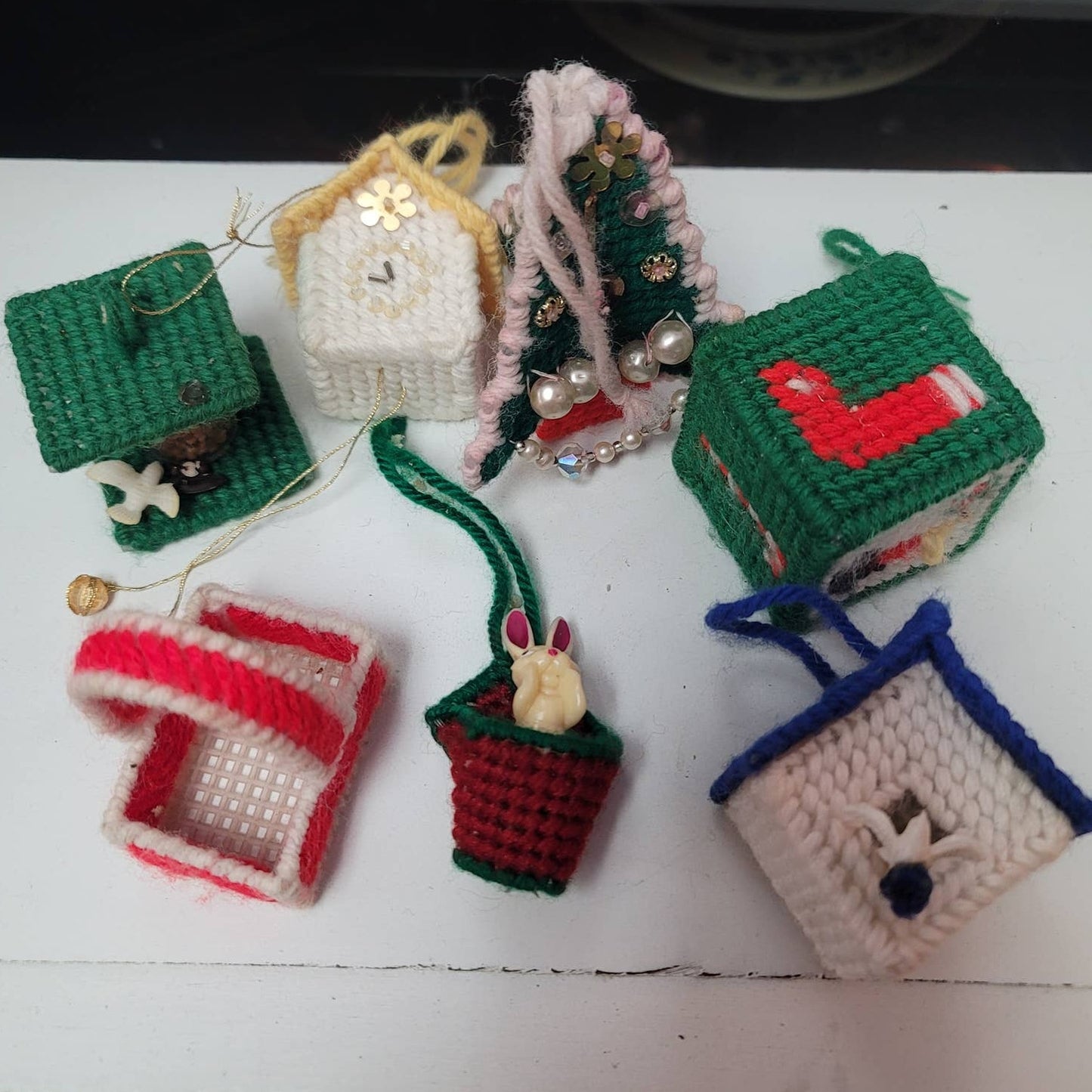Vintage Lot 7 Handmade cross-stitch Christmas ornaments Needlepoint Yarn Canvas