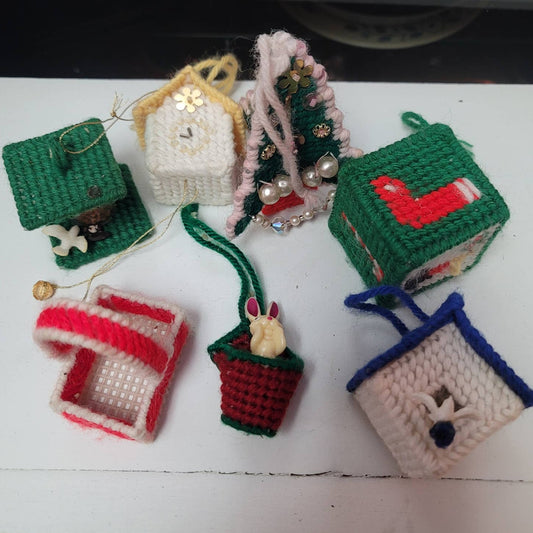 Vintage Lot 7 Handmade cross-stitch Christmas ornaments Needlepoint Yarn Canvas