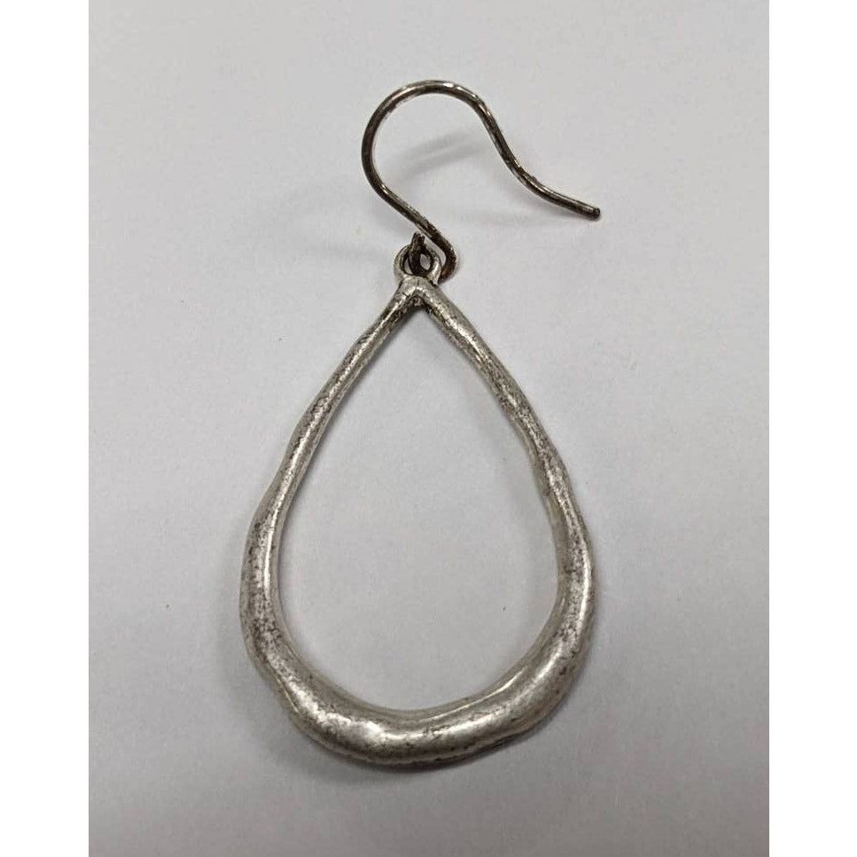 Vintage Handmade Rough Silver Teardrop Hoop Dangle Drop Earrings Light Patina