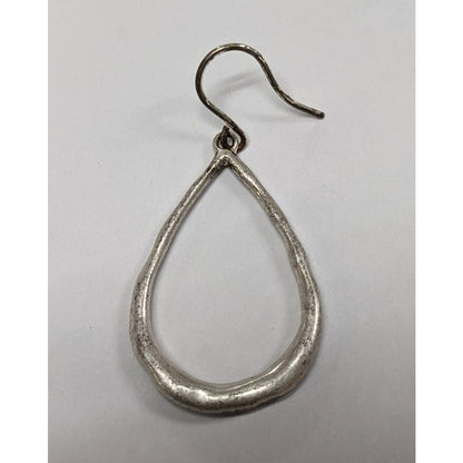 Vintage Handmade Rough Silver Teardrop Hoop Dangle Drop Earrings Light Patina