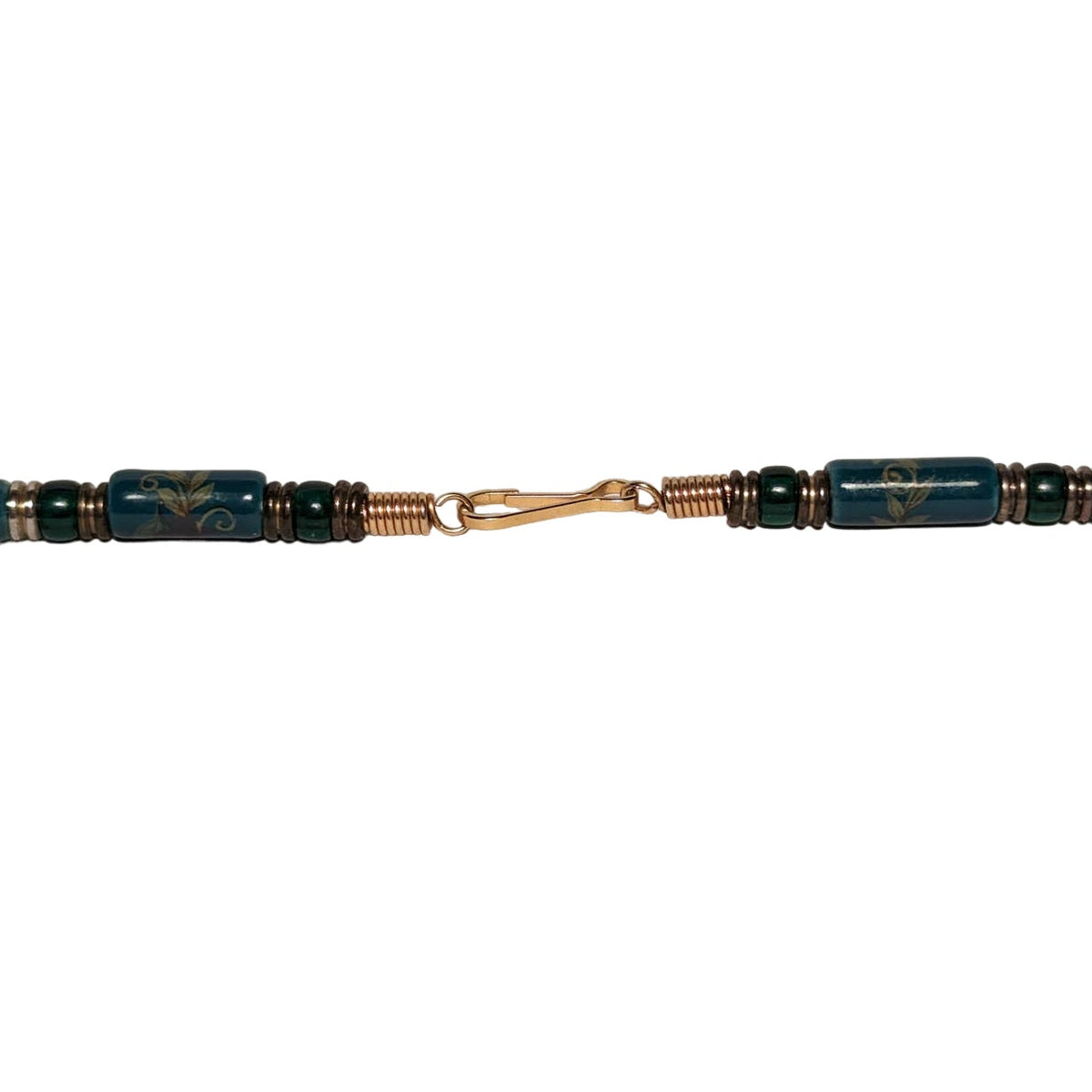 Vintage Green Teal glass Ceramic Painted Bead Necklace Floral Gold Tone 12" hang