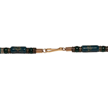 Vintage Green Teal glass Ceramic Painted Bead Necklace Floral Gold Tone 12" hang