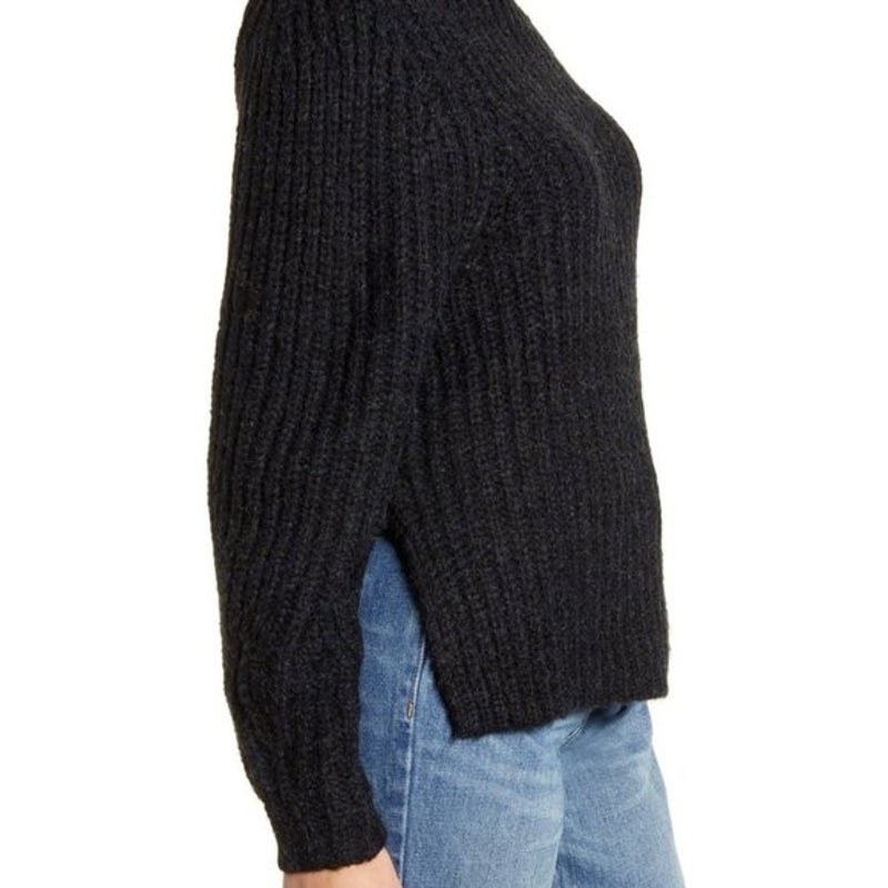 Leith Long Sleeve Black  Sweater Large Standing collar split sides cable knit XL