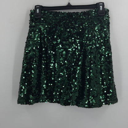 LEITH Straight Mini Skirt Sequin Side-Zip Solid Green Medium festive dance club
