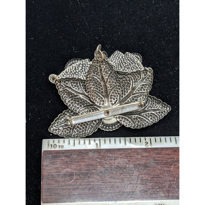 3tier silvertone bejeweled green red blue stones dangle brooch Pin Revival Leaf
