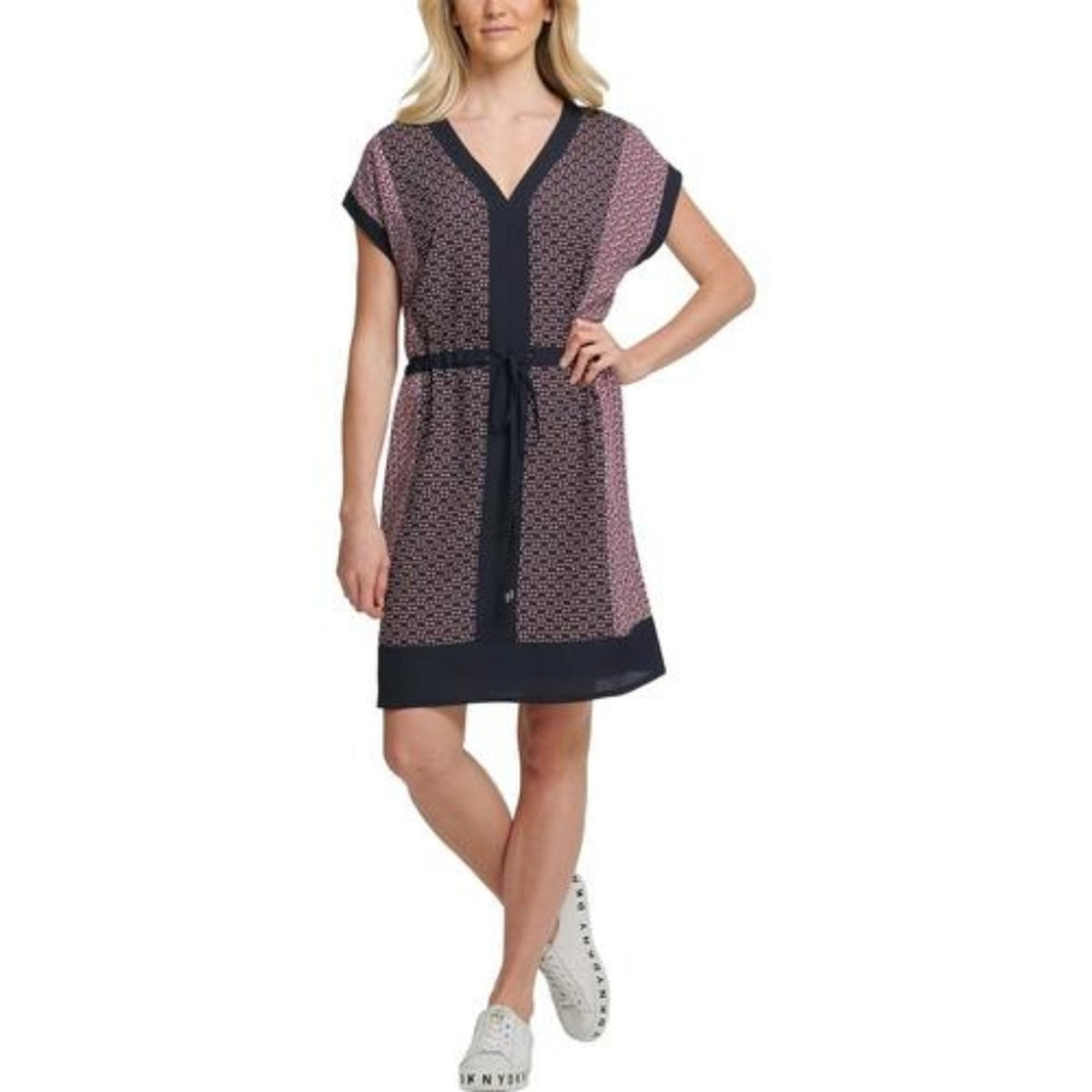 DKNY Women's V-Neck Cap-Sleeve Dress Size Medium drawstring waist CASUAL