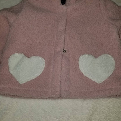 Harper Canyon Fluffy Heart Hooded Jacket Long Sleeve Snap Button Pink 12 Months