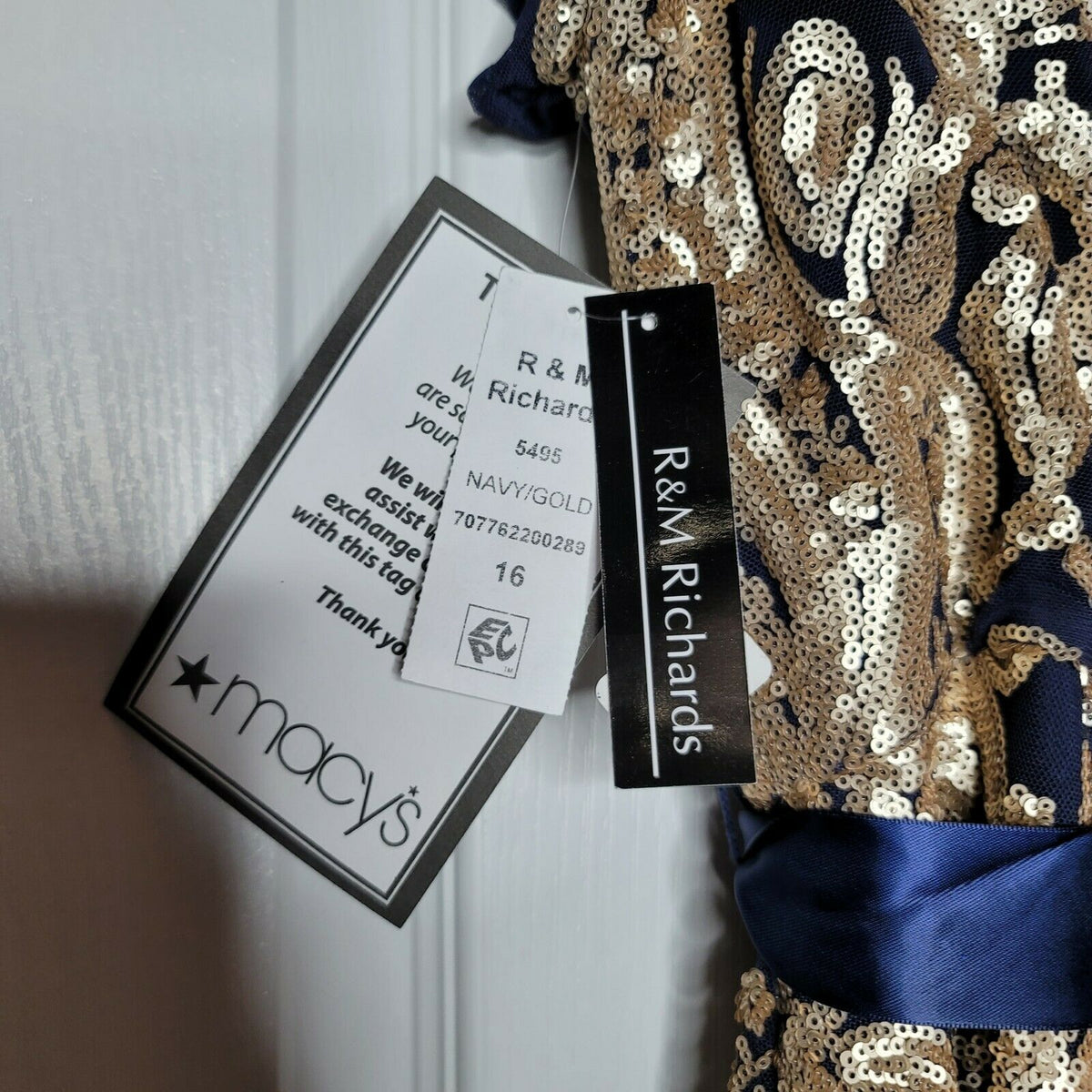 Evening Gown with Fishtail Sequins Dress Short Sleeves Round Neck Navy Gold 16