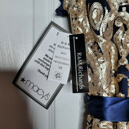 Evening Gown with Fishtail Sequins Dress Short Sleeves Round Neck Navy Gold 16