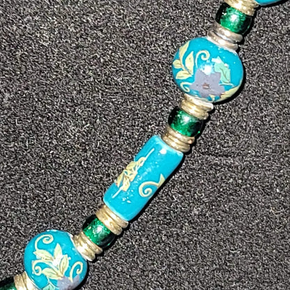 Vintage Green Teal glass Ceramic Painted Bead Necklace Floral Gold Tone 12" hang