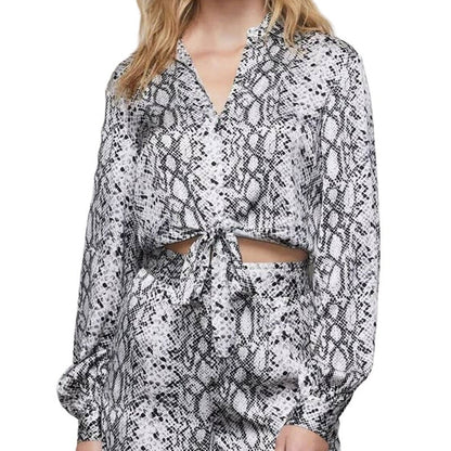 Good American Tie Front Crop Python Print V-Neck Blouse Sz 2 Black/White NWT