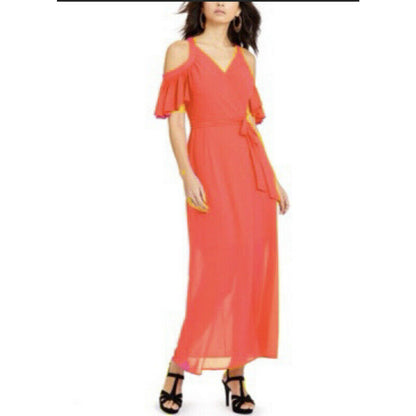 Thalia Sodi NWT Women’s Rich Coral Cold Shoulder Mesh V-neck Dress Size XSmall