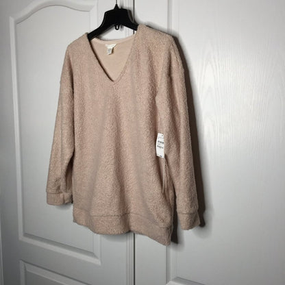 Caslon Faux Shearling Teddy VNeck Long Sleeves Pullover Sweater Taupe Medium NEW