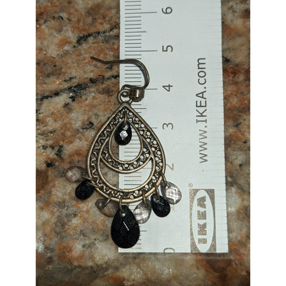 Vintage Teardrop Chandelier Earrings Black and Clear Stone Copper Tone Dangle