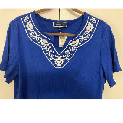 Karen Scott Split-Neck Short Sleeve Blouse Top Petite Extra Large/PXL Blue NWT