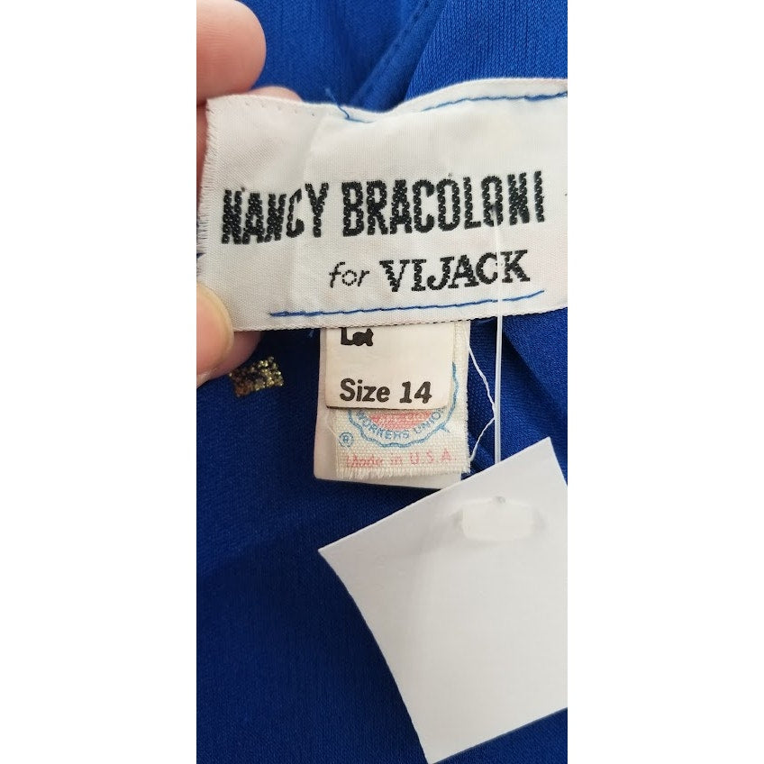 Vintage Nancy Bracoloni Size 14 Blue Gold Cocktail Dress Long Sleeve Sash Detail