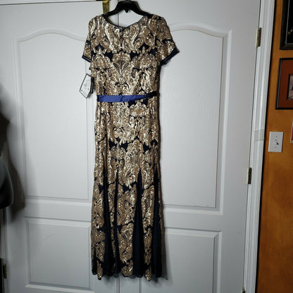 Evening Gown with Fishtail Sequins Dress Short Sleeves Round Neck Navy Gold 16