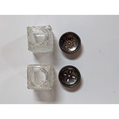 Vintage Miniature Salt and Pepper Shakers Clear Glass Silver Tone Metal Tray Set