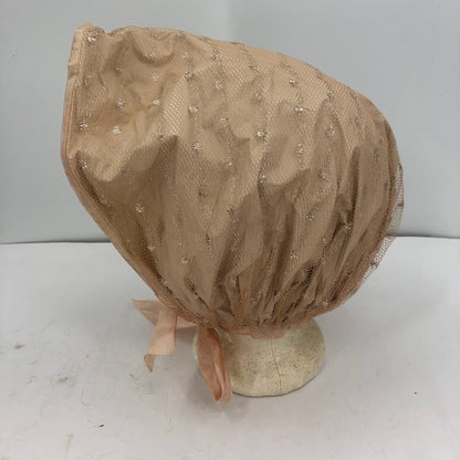 Vintage 1950's Hair Bonnet Vinyl w/ Metallic Mesh Overlay Neck Tie Curlers NUDE