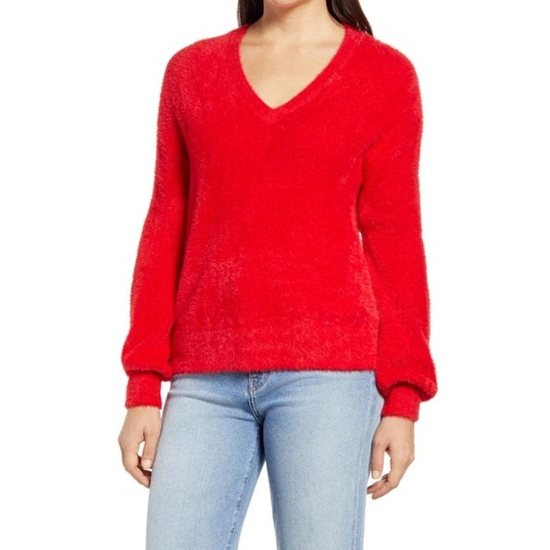 Halogen NWT Fuzzy V-neck Sweater In Red Chinoise Size Small