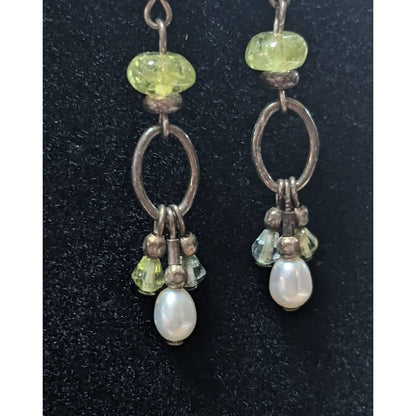 Vintage Beaded Chain Drop Earrings Green Clear Glass White Faux Pearl Dangles