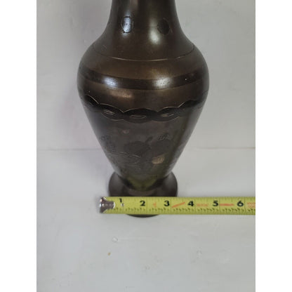 Vintage Solid Brass Flared Vase Made In India Engraved Floral Design 12.5” Tall