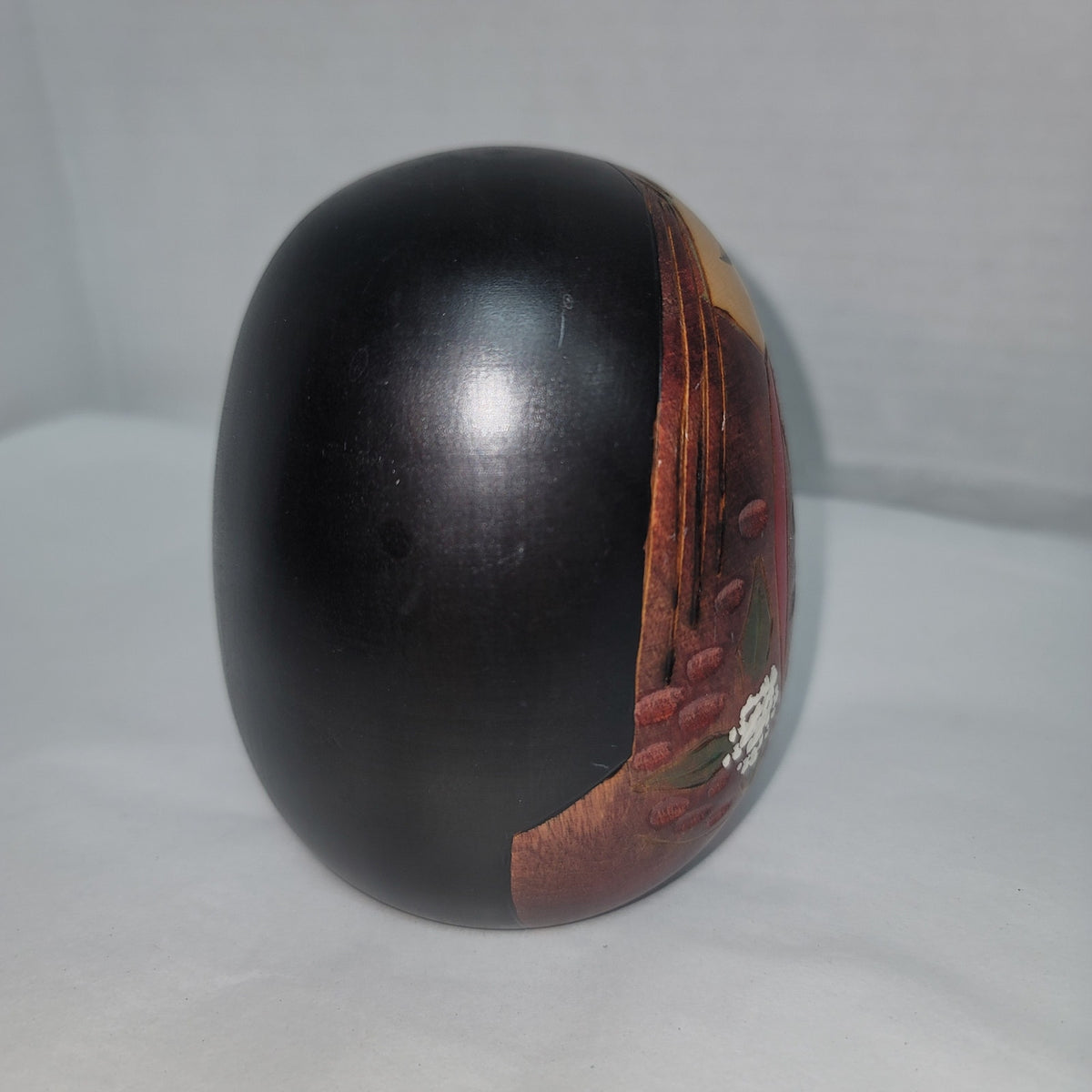 baby child Egg shaped wood Kokeshi doll Japan Etched Sleeping Signed Stamped RED