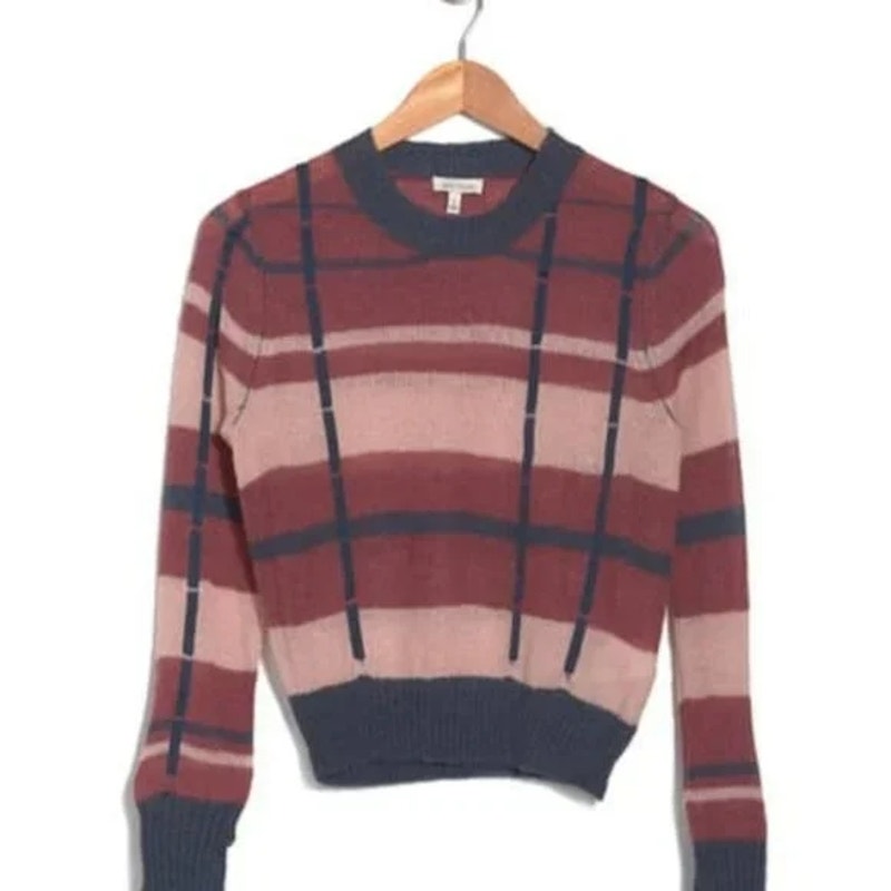 Ella Moss Denise Pullover Sweater Medium Maroon/Navy Stripe NEW Ribbon Trim