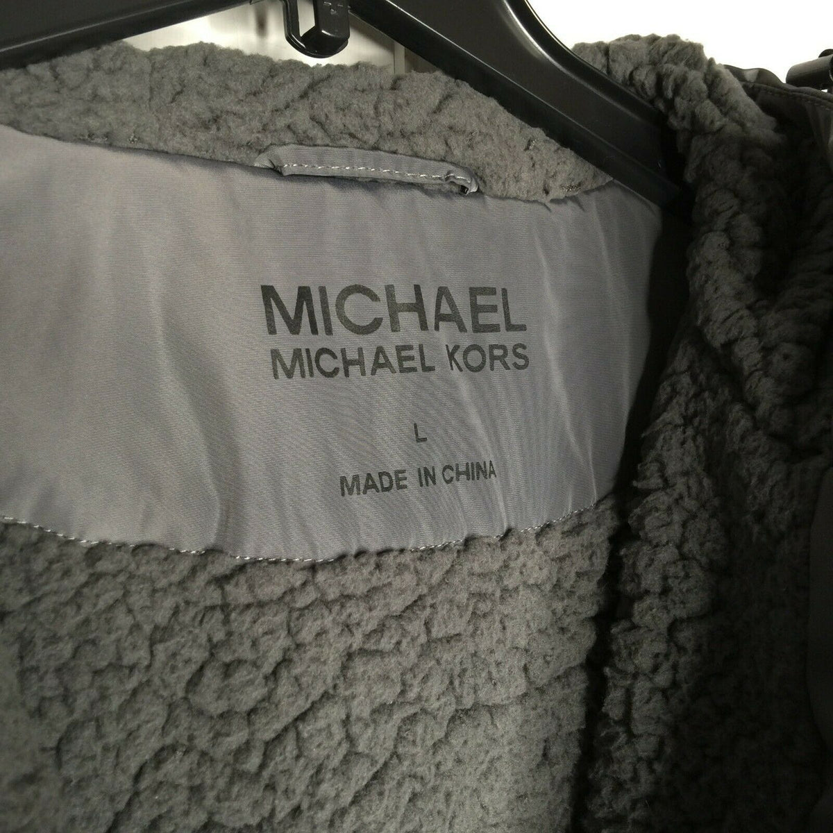 Michael Kors Missy Faux Shearling Gray Jacket Hood Elasticized Cuffs Large