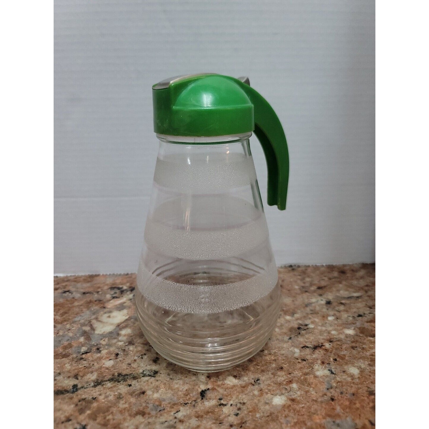 Vintage Hazel Atlas Large Metal Glass Batter Syrup Pitcher Green Handle 9” Sugar