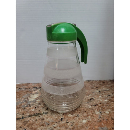 Vintage Hazel Atlas Large Metal Glass Batter Syrup Pitcher Green Handle 9” Sugar