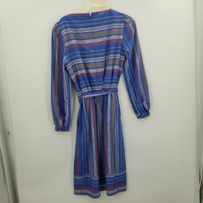 David Warren Striped Tie Waist Belt Dress Long Puff Sleeves Square Neck VTG 12