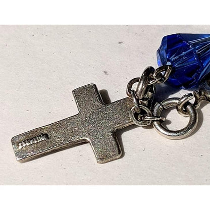 Sapphire Blue Crystal Sterling Silver Crucifix Small 7' Rosary Bracelet