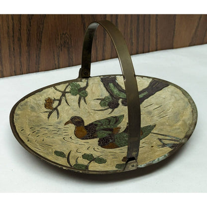 Vintage Indian Bronze Tray Cloisonne Enamel Birds Ducks Dish Tidbit  Handle