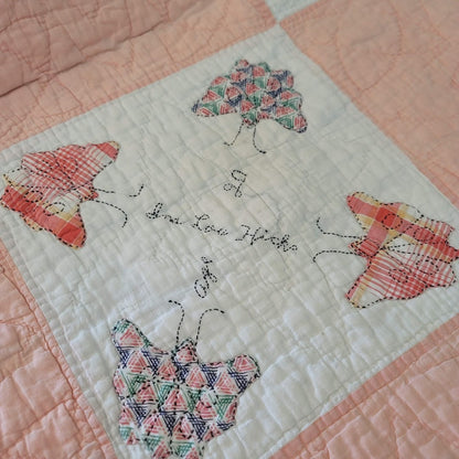 Handmade Pink White Quilt Full Queen Butterfly Stitched Names Community 80x66