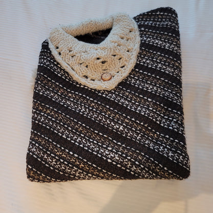 Handmade heavy poncho fringe wood button Winter One Size Multicolor Wool Cotton