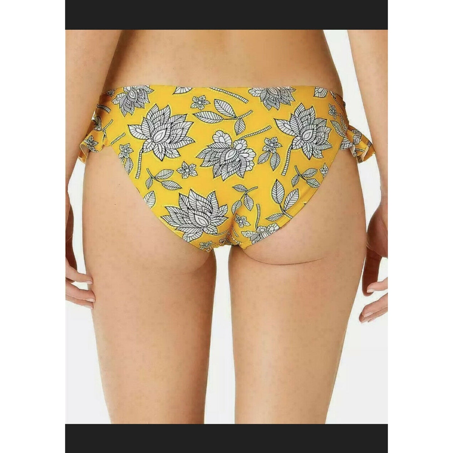 California Waves Baja Beauty Floral Ruffled Yellow Hipster Bikini Bottoms Large