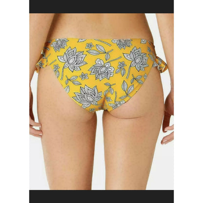California Waves Baja Beauty Floral Ruffled Yellow Hipster Bikini Bottoms Large