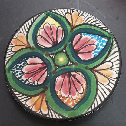 Handmade Handpainted Dominica plate floral design abstract green pink yellow 6"