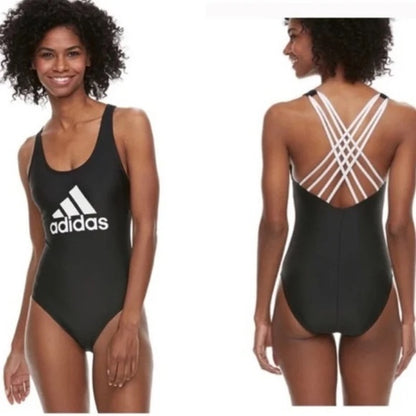 Adidas NWT Black One Piece Swimsuit Logo Strappy Back Size Medium