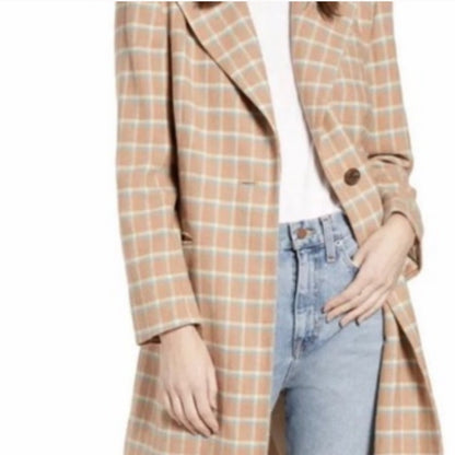 Something Navy NWT Single Breasted Plaid Wool Blend Long Coat Size Large Jacket